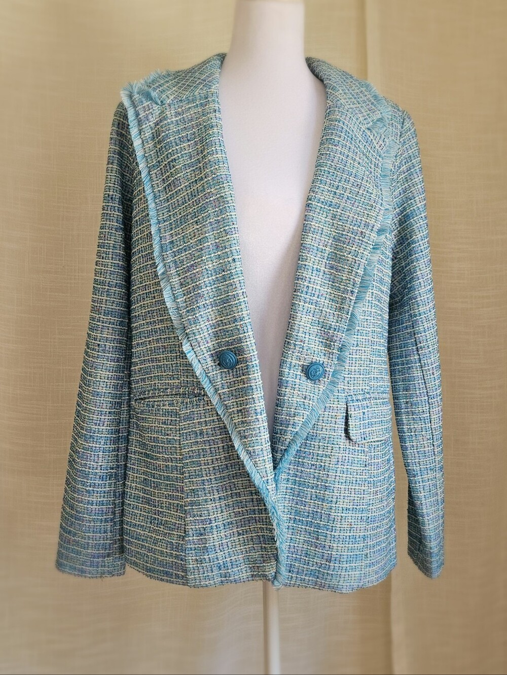 Belle by Kim Gravel Blue Tweed Double-Breasted Blazer Raw Hem Fringe S - Picture 2 of 16